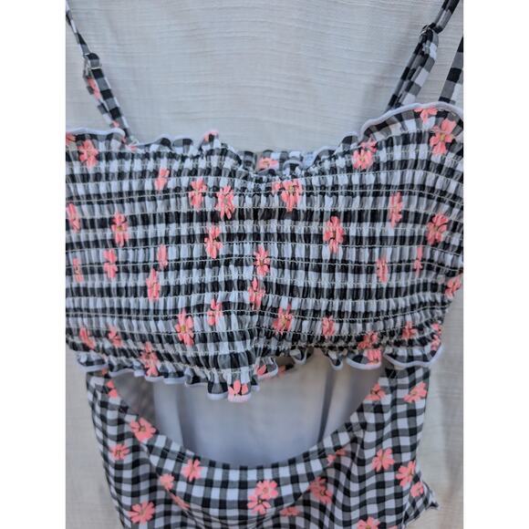 Decree Women's Plaid Check One Piece Swimsuit Sz L Floral Smocked Cut Out Ruffle - Picture 2 of 5